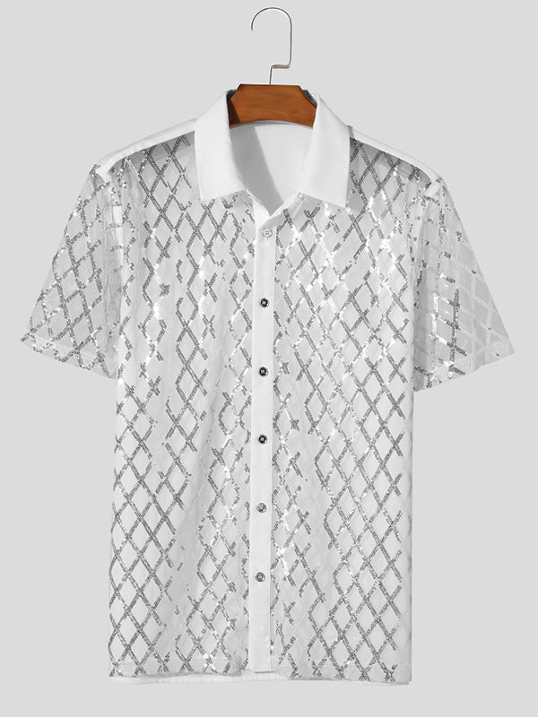 Mens Sequined Mesh Patchwork Short Sleeve Shirt SKUK45531