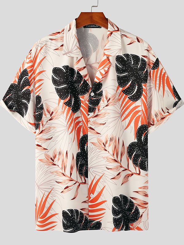 Mens Tropical Leaf Print Revere Collar Shirt SKUK08624