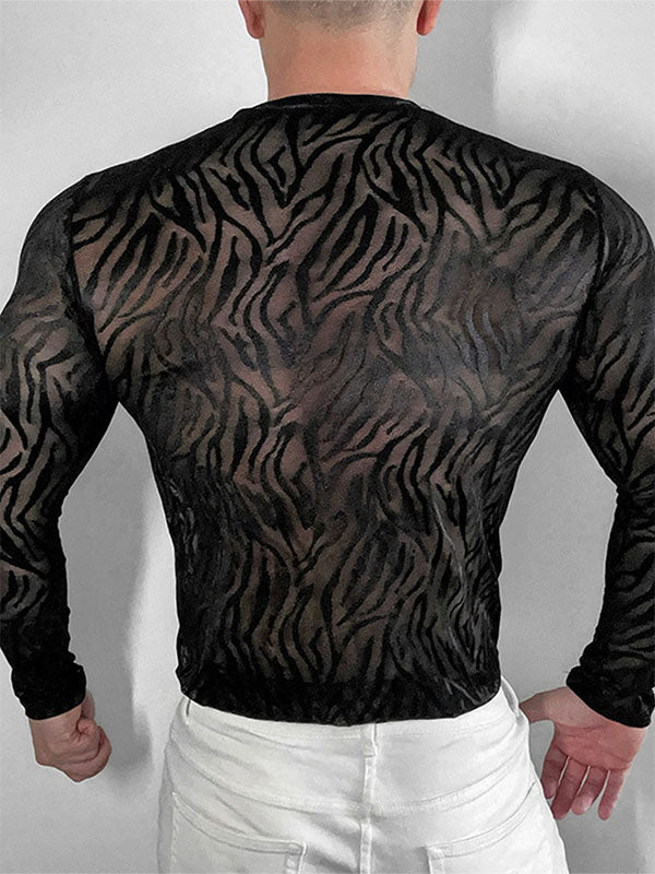 Mens Zebra Print Mesh Sheer Long-Sleeve T-Shirt SKUK94745