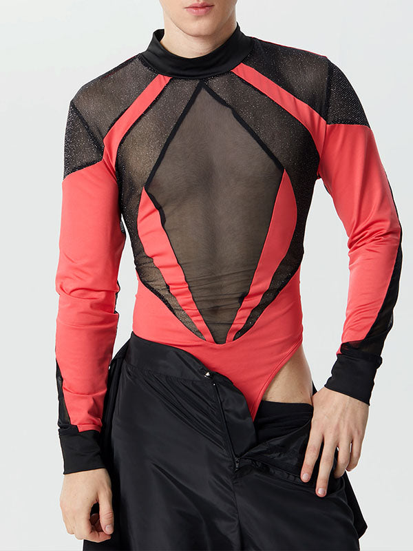 Mens Contrast Mesh Patchwork Long Sleeve Bodysuit SKUK39108