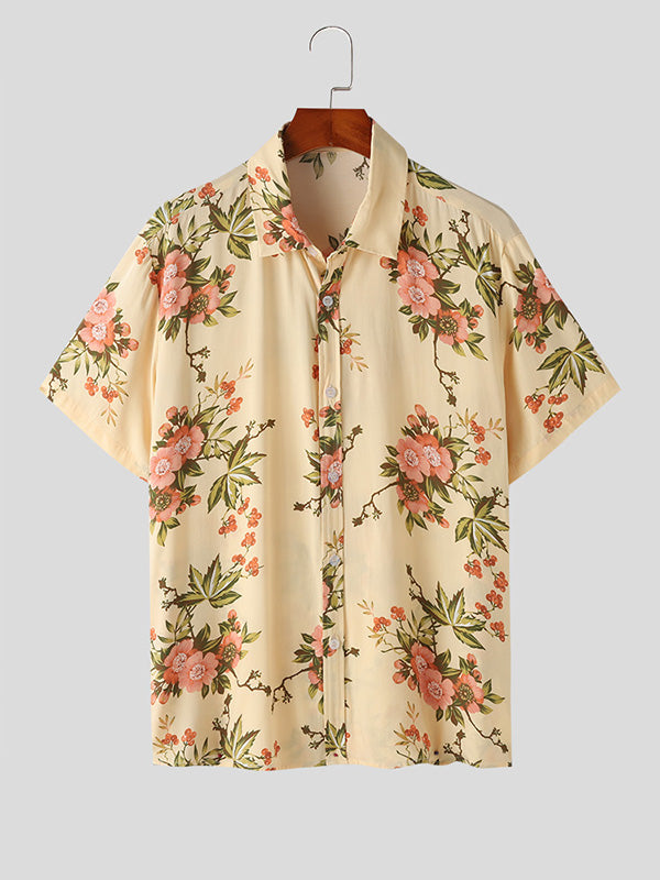 Mens Floral Print Lapel Collar Short Sleeve Shirt SKUK51708