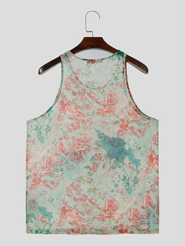 Mens Sexy Sheer Pink Print Sleeveless Tank SKUK65904