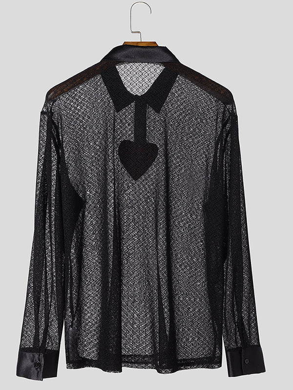 Mens Heart Print Mesh Sheer Long-Sleeve Shirt SKUK94115