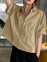 Mens Solid Lapel Collar Short Sleeve Shirt SKUK52979