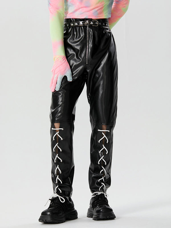 Mens Lace-Up Cuff PU Leather Pants SKUK28539