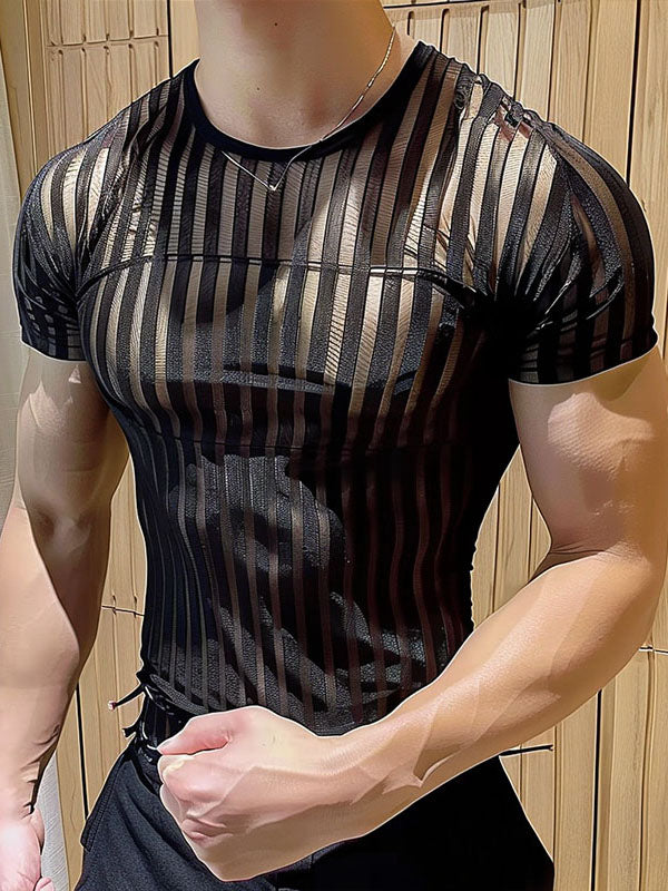 Mens Sexy Striped Sheer Fitted Short Sleeve T-Shirt SKUK67978