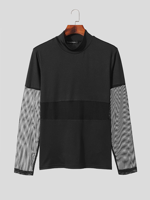 Mens Mesh Patchwork Half-Collar Long Sleeve T-Shirt SKUK38904