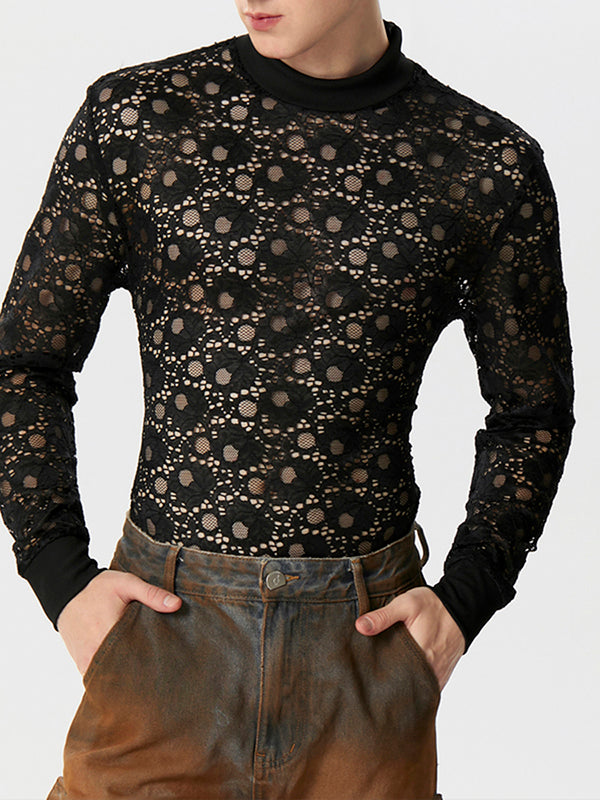 Mens Lace High Neck Long Sleeve T-Shirt SKUK43835