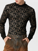 Mens Lace High Neck Long Sleeve T-Shirt SKUK43835