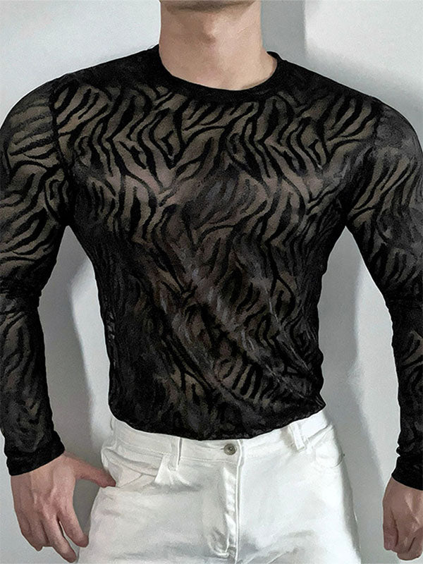 Mens Zebra Print Mesh Sheer Long-Sleeve T-Shirt SKUK94745