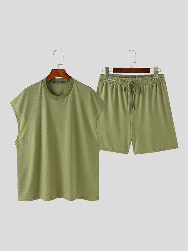 Mens Solid Color Crew Neck Two Pieces Outfit SKUK69968