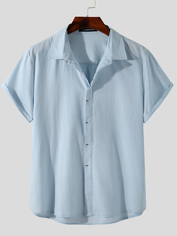 Mens Solid Lapel Cotton Short Sleeve Shirt SKUH83763