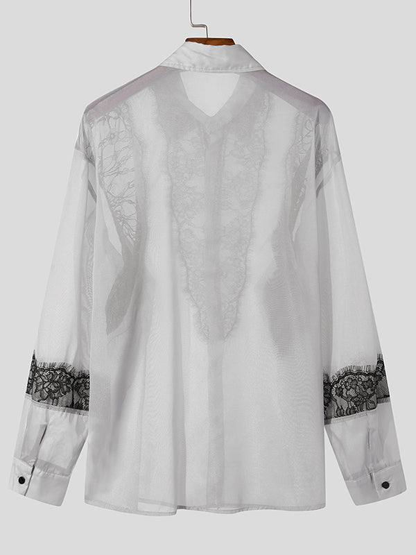 Mens Sheer Lace Patchwork Long-Sleeve Shirt SKUK90725