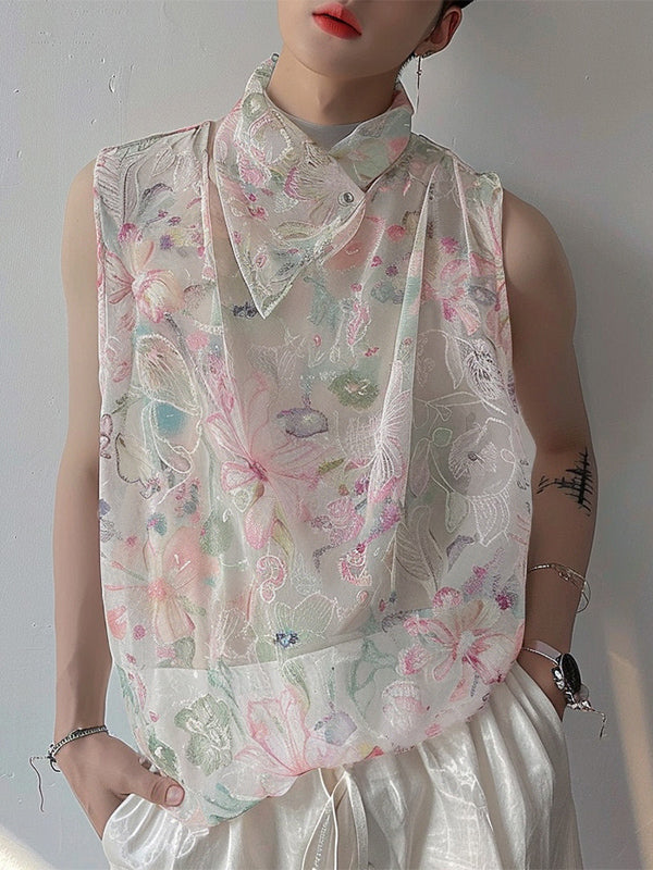 Mens Scarf Design Sheer Floral Sleeveless Tank SKUK66974