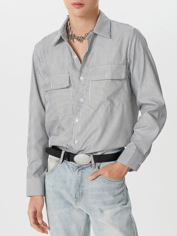 Mens Striped Double Pockets Long Sleeve Shirt SKUK53614