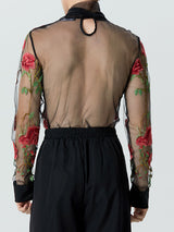 Mens Floral Embroidered Tie Neck Mesh T-Shirt SKUK36409