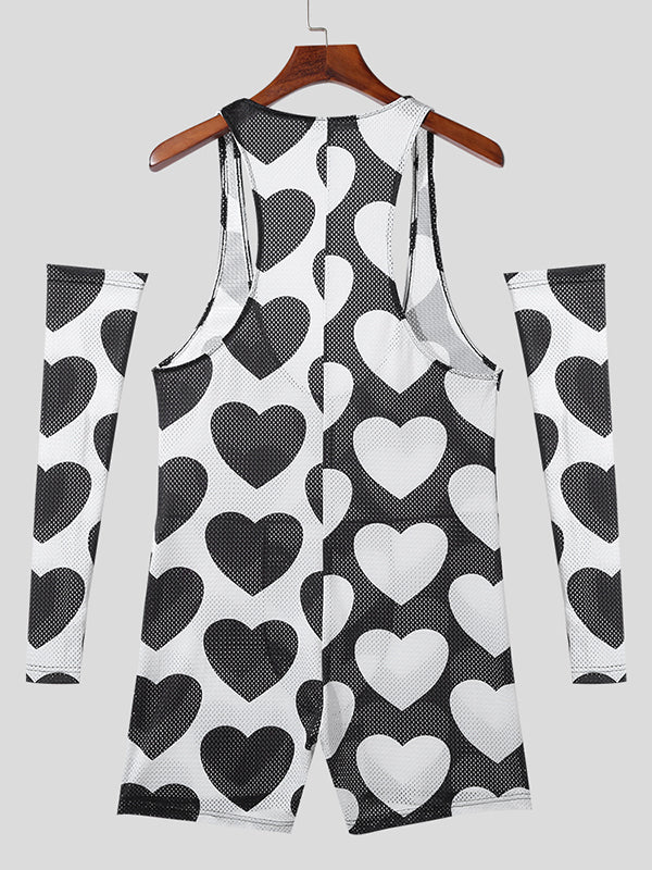 Mens Heart Print Mesh See Through Bodysuit SKUK32511