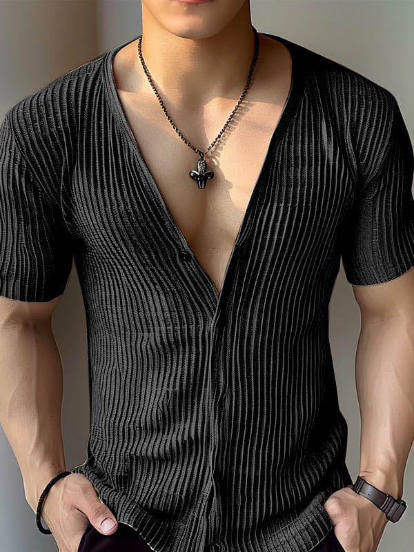 Mens Textured Striped Short Sleeve Shirt SKUK79660