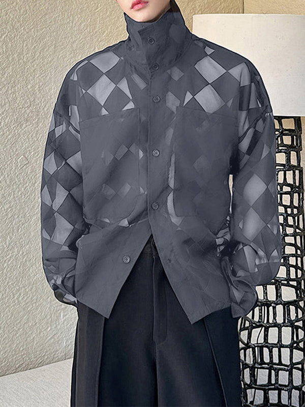 Mens Sheer Checkerboard Print Long Sleeve Shirt SKUK68507