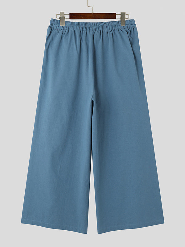 Mens Solid Pleated Cotton Wide Leg Pants SKUK32728