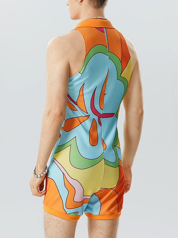 Mens Colorful Print Lapel Sleeveless Bodysuit SKUK10560