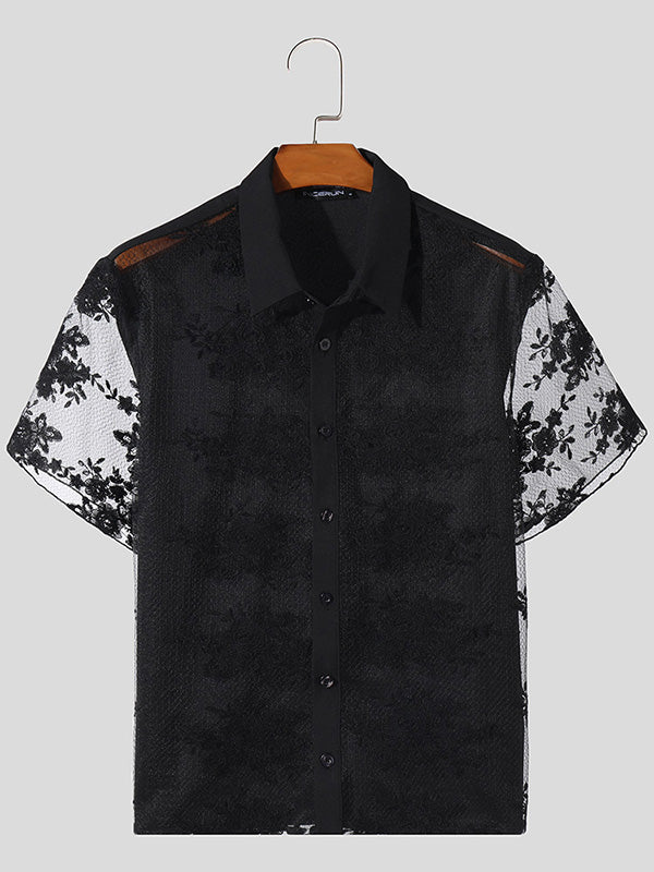 Mens Sexy Lace Floral Print Sheer Shirt SKUK63974