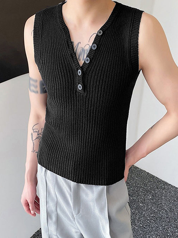 Mens Solid V-Neck Button Design Knit Vest SKUK19607