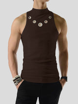 Mens Metal Hole Half-Collar Texture Tank Vest SKUK09326