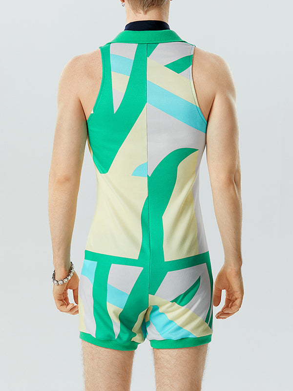 Mens Colorful Print Lapel Sleeveless Bodysuit SKUK10560