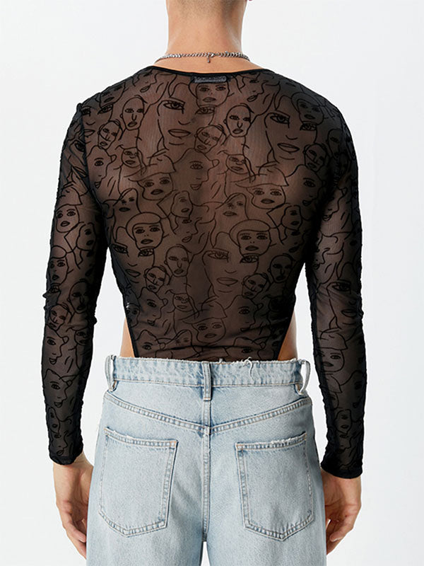 Mens Abstract Face Jacquard Mesh Bodysuit SKUK32794