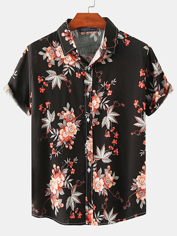 Mens Floral Print Lapel Collar Short Sleeve Shirt SKUK51708