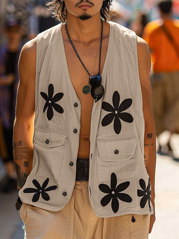 Mens Daisy Floral Print Sleeveless Cardigan SKUK70557