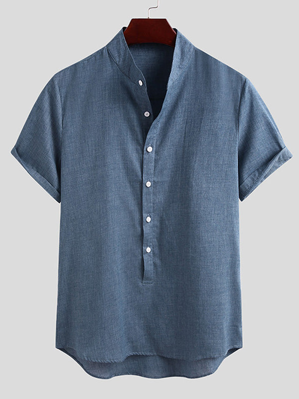 Mens Casual Short Sleeve Button Linen Shirts SKUC21809