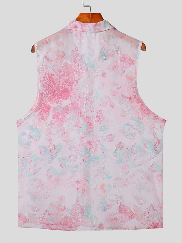 Mens Sexy Floral Print Sheer Sleeveless Shirt SKUK67994