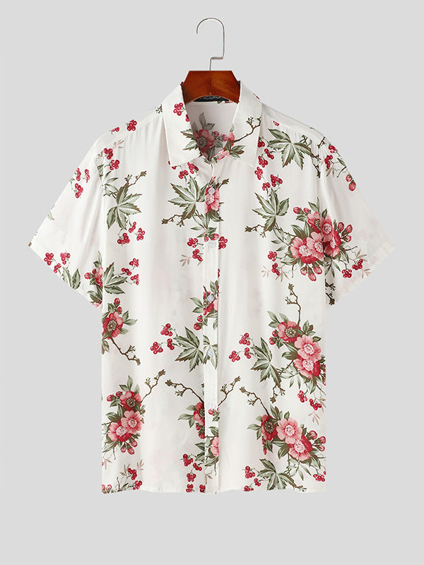 Mens Floral Print Lapel Collar Short Sleeve Shirt SKUK51708