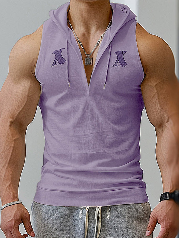 Mens Solid Color V-Neck Hooded Sleeveless Tank SKUK76254