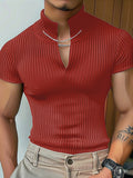 Mens Solid Textured Notched Neck Short Sleeve T-Shirt SKUK61909