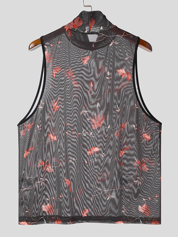 Mens Mesh Floral Print Mock Neck Tank SKUK64740