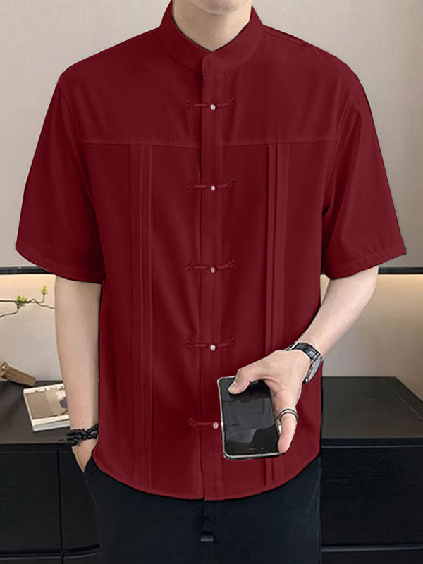 Mens Solid Color Pleated Design Short Sleeve Shirt SKUK63614