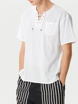 Mens Eyelet Drawstring Casual Short-sleeved Shirts SKUI90676