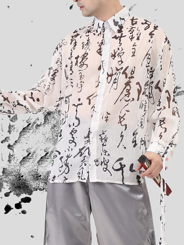 Mens Chinese Character Print Sheer Long Sleeve Shirt SKUK69253