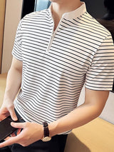 Mens Striped Knit Half-Zip Short Sleeve T-Shirt SKUK76110