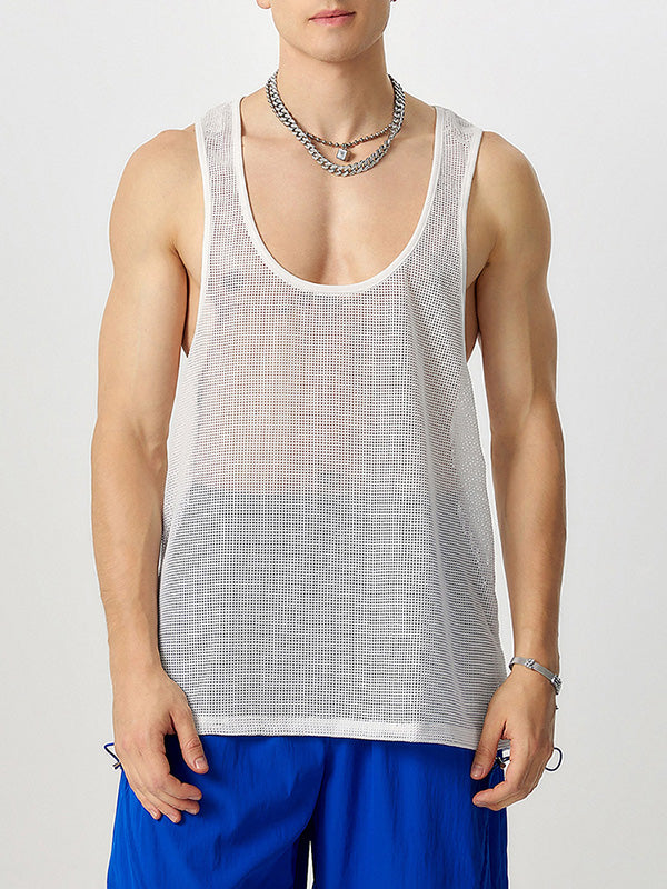 Mens Sheer U-Neck Plaid Sleeveless Tank SKUK65475