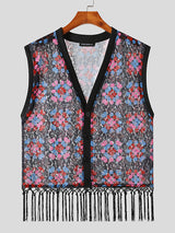 Mens Windowpane Pattern Lace Fringe Hem Waistcoat SKUK12328