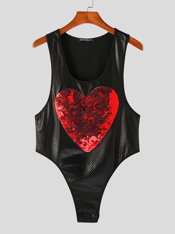 Mens Sequined Heart Patched Scoop Neck Bodysuit SKUK08697