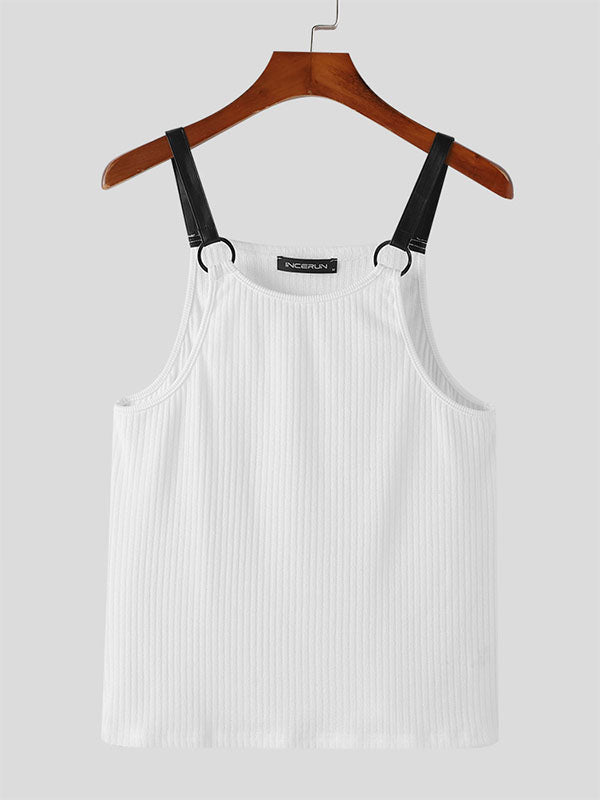 Mens Leather-Trimmed Striped Sleeveless Tank SKUK63936