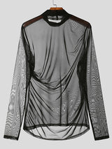 Mens Pleated Design Sheer Mesh Long-Sleeve T-Shirt SKUK87959