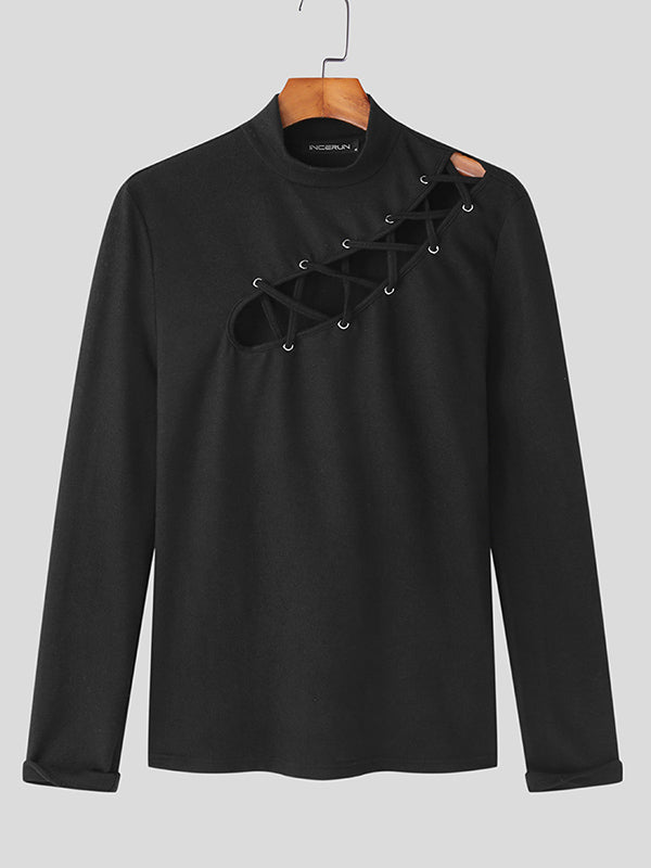 Mens Lace-Up Cutout Long Sleeve T-Shirt SKUK26931