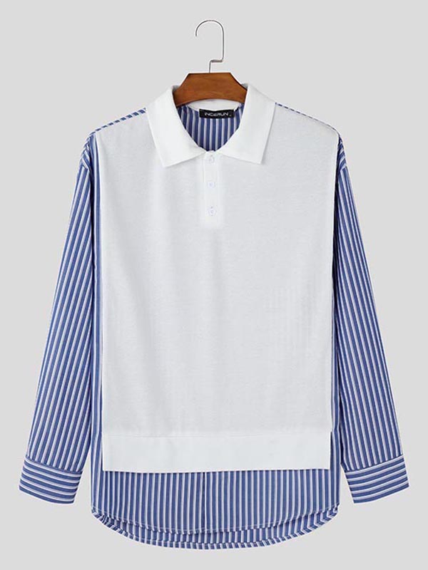 Mens Striped Knit Patchwork Long-Sleeve Shirt SKUK79187