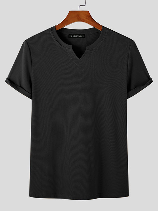 Mens Solid Ribbed Notched Neck T-Shirt SKUK09563